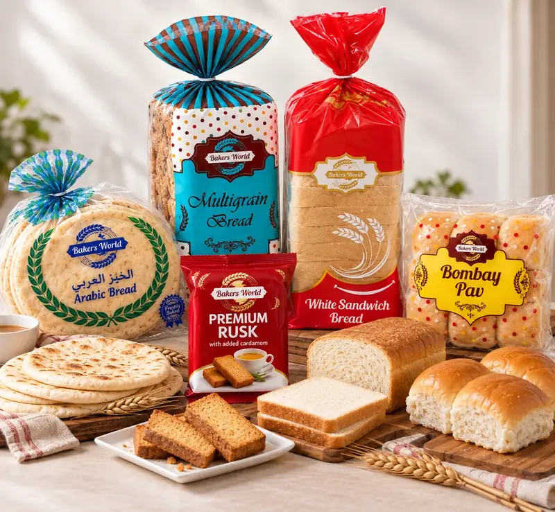 Bakers World Arabic bread, multigrain bread, white sandwich bread, premium rusk, Bombay pav and pav rolls on a wooden table